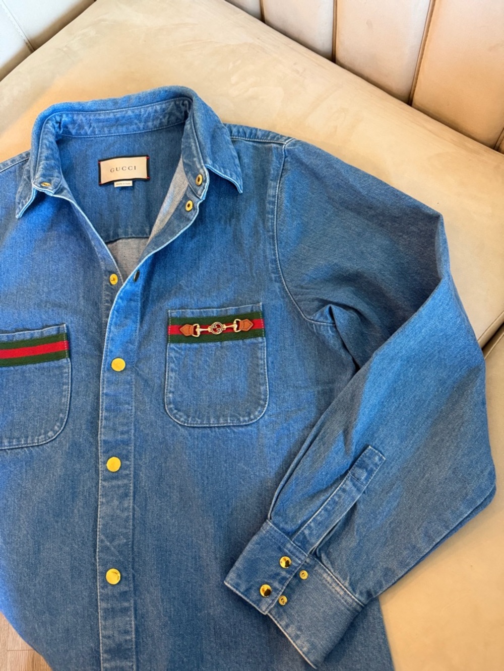 Gucci Denim Button-Down Shirt with Red & Green Web Trim